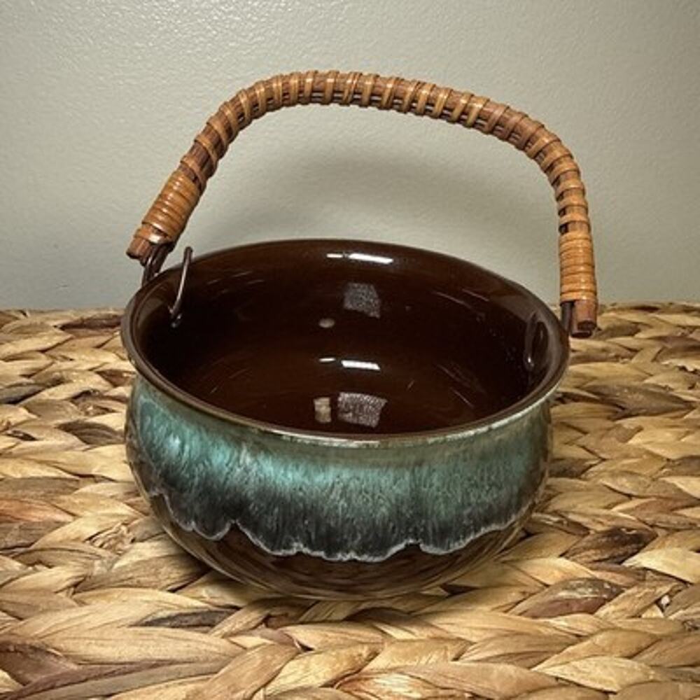Vintage Unicorn Japan Pottery Basket Bowl Brown Green Drip Glaze Rattan Handle